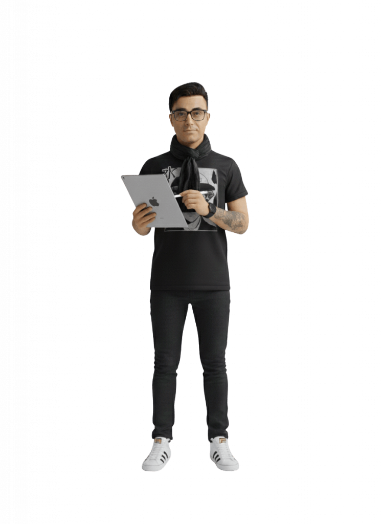Figura iscjoseluischavezG con tablet en fondo negro.